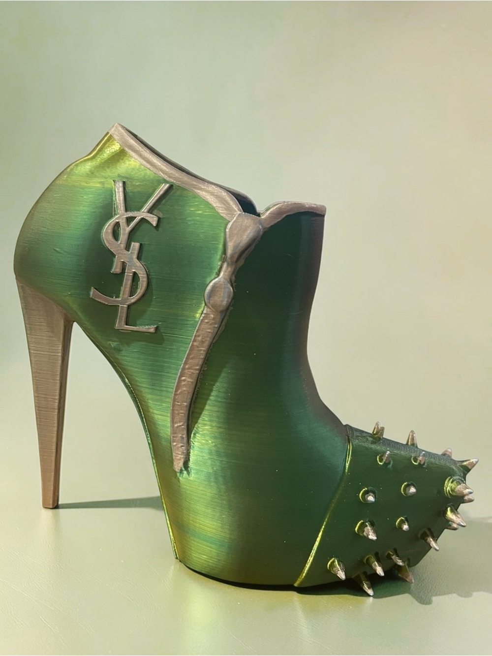 3d Hand Crafted YSL Logo Green & Blue Metallic Silver Spike-Heel Accent Stiletto